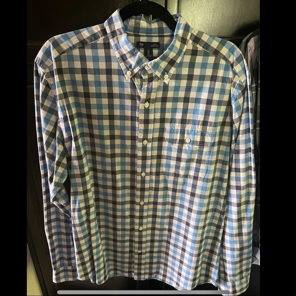 GAP Slim Fit Untucked Blue Striped Oxford Button Down Size Large